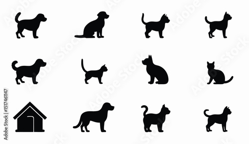 Silhouette Collection of Dogs, Cats and a Doghouse on a White Background.
