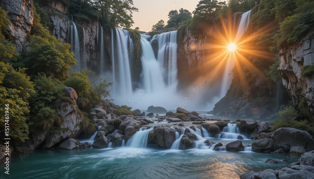 Obraz premium Amazing nature landscape, beautiful waterfall at sunrise, famous Skradinski buk, one of the most beautiful waterfalls in Europe and the biggest in Croatia, outdoor travel background 