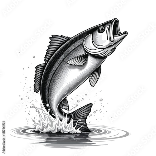 Striking monochrome illustration of a bass fish leaping out of the water.