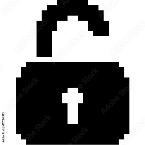 Pixel unlock padlock icon vector for open security access and digital permission. Ideal for app setting visuals, access granted UI, and protected content illustrations.