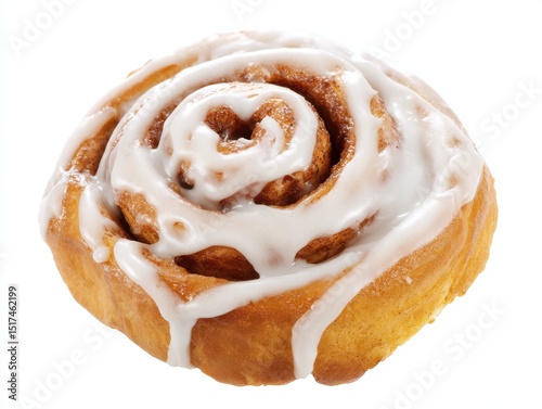 Fresh cinnamon roll with white icing on white background