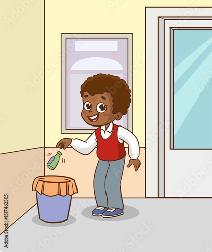 Vector illustration of student throwing garbage into trash can