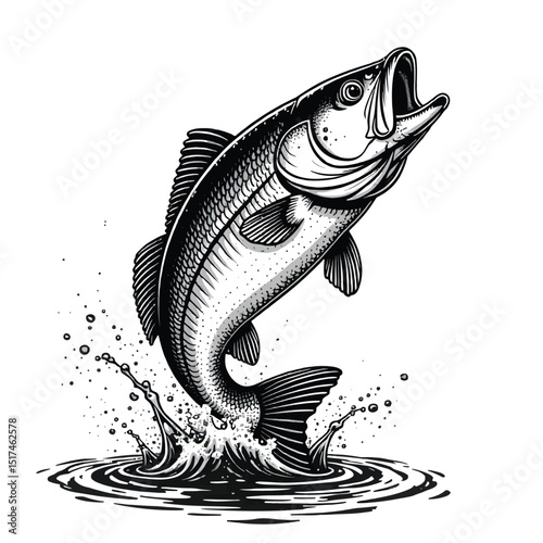 Leaping Largemouth Bass Illustration: Monochrome Vector Image of a Fish Jumping from Water.