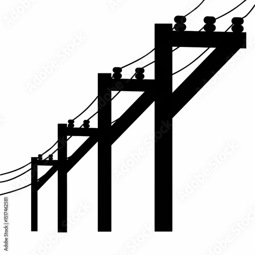 Vector illustration of a row of electric poles with wires on a white background. Electric power symbol and electric shock warning logo.