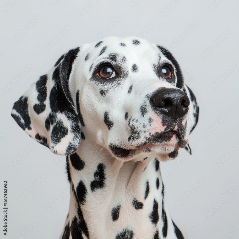 Close-up portrait of a Dalmatian dog showing expressive eyes and distinctive black spots on white coat against a plain white background Close-up portrait of a Dalmatian dog showing expressive eyes and distinctive black spots on white coat against a plain white background