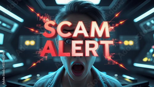 A shocked young adult with fair skin reacts to a digital 'Scam Alert' message in a futuristic setting.