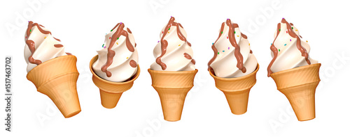 Ice Cream in waffle cone with chocolate Syrup 3d render illustration icon