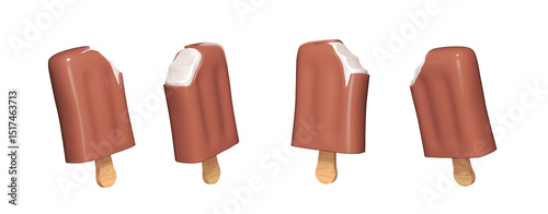 Chocolate Covered Ice Cream Bar on Wooden Stick 3d render illustration icon