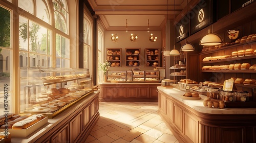 A picturesque boulangerie with polished wooden counters and soft, golden lighting