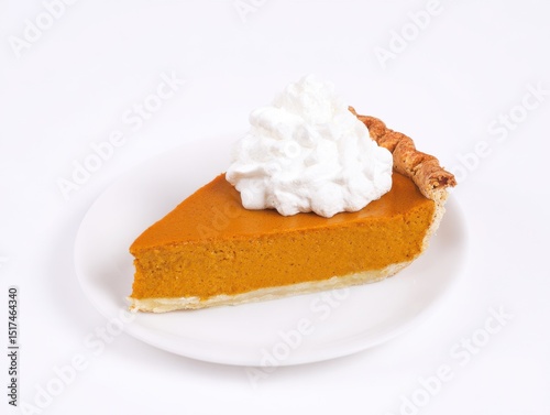 Pumpkin pie slice with whipped cream on top isolated on white background