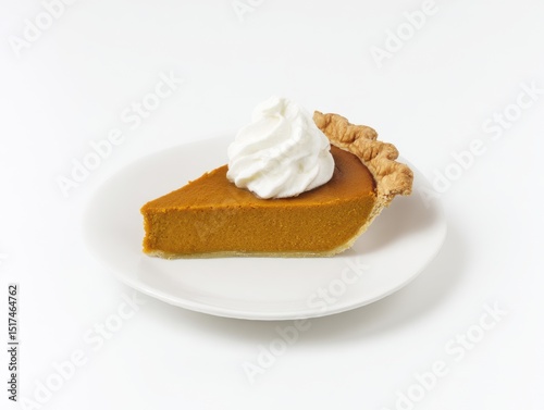 Pumpkin pie slice with whipped cream on top isolated on white background