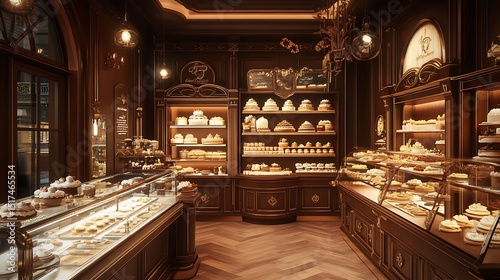 A polished bakery with rich mahogany walls and a collection of delicate cakes