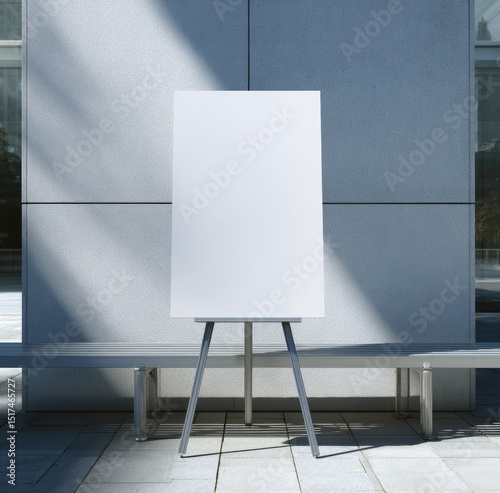 Blank white presentation board on gray easel outdoors