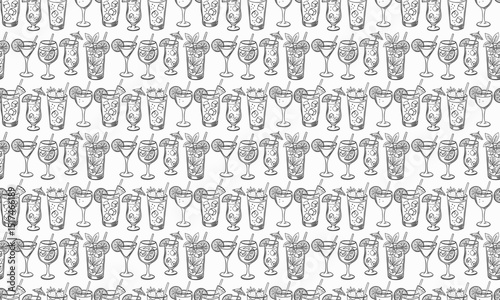 Seamless black and white pattern featuring a hand-drawn collection of summer cocktails in various glass types. The pattern is tileable and suitable for both print and digital projects.