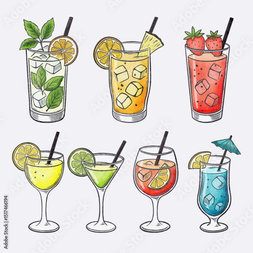 Hand-drawn watercolor and ink illustration of various colorful cocktails and summer drinks in different glasses with garnishes like lemon, lime, mint, strawberries, and umbrellas