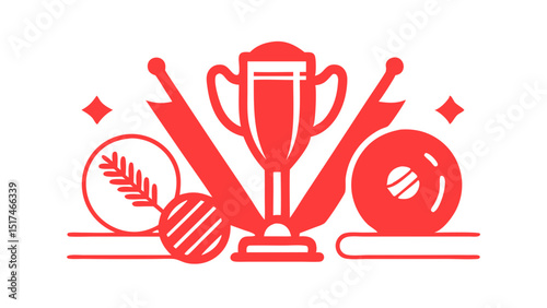 Celebrating Victory Trophy Sports Equipment and Star Illustration in Striking Red Against a Black