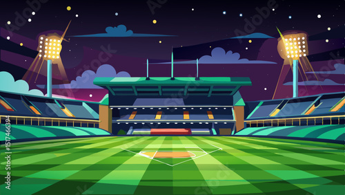An exciting baseball stadium scene under starry night sky anticipation in the air under the bright