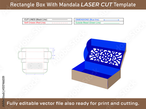 Rectangle mailer Box dieline With Mandala Laser Cut Template