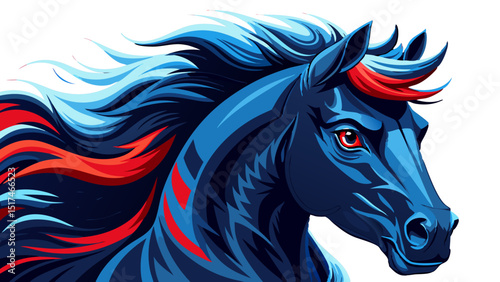 A powerful blue horse with fiery red accents embodies freedom and spirit against a stark black