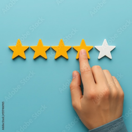 Customer service concept hand selecting a rating of four out of five stars on a light blue background