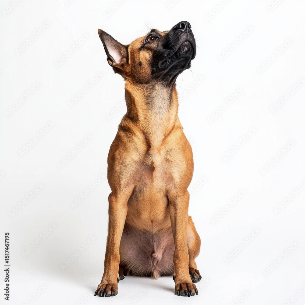 Obraz premium Adorable brown dog sitting attentively with ears perked up and looking upwards against a plain white background perfect for pet themed projects and animal lovers