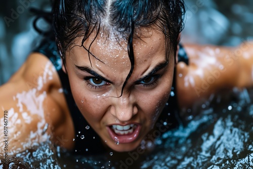 A woman in the water with her mouth open and her face covered in water droplets photo