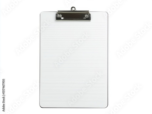 Clipboard with lined paper and metal clip on white background