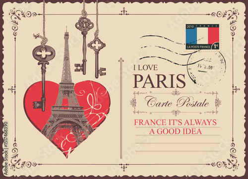 Vector greeting card with heart sign, keys, Eiffel Tower in Paris, France. Or vintage style postal envelope with words I love Paris. Valentine on Valentine's Day. Travel flyer. No AI used
