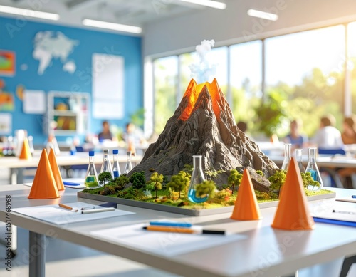 Realistic student science fair table with model volcano, poster board, and experiment tools, bright lighting, classroom background.