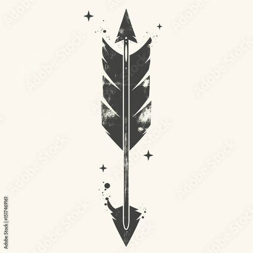 Grunge ink effect. Black tribal-style arrow with distressed feather and symmetrical design. Perfect for tattoo art or boho graphics.