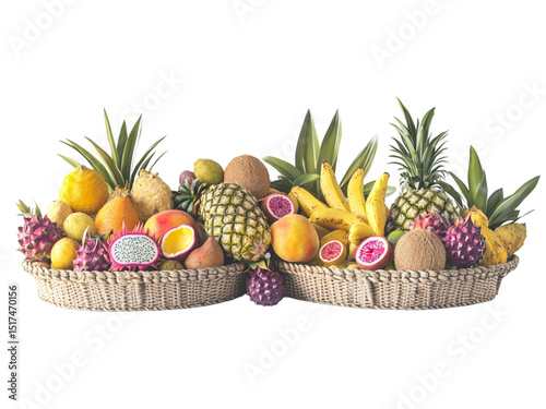 Fresh fruits in a brightly lit basket on background, with banana, apple, orange and others seasonal fruits arrangement modern environment close-up view healthy eating concept.