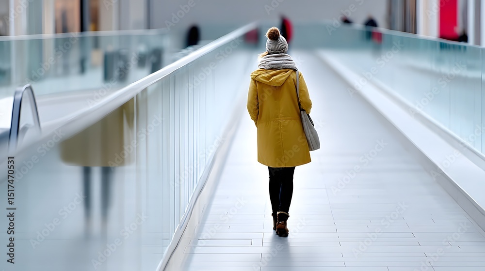 Fototapeta premium A woman walking alone in a shopping mall corridor