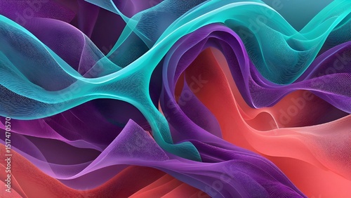 Abstract, flowing, wave-like, colorful, vibrant, digital art, purple, teal, coral, fluid, dynamic, smooth, textured, modern, artistic.
