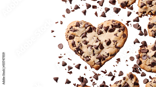 A close up of heart shaped chocolate chip cookies with scattered chocolate chips on isolated on transparent background