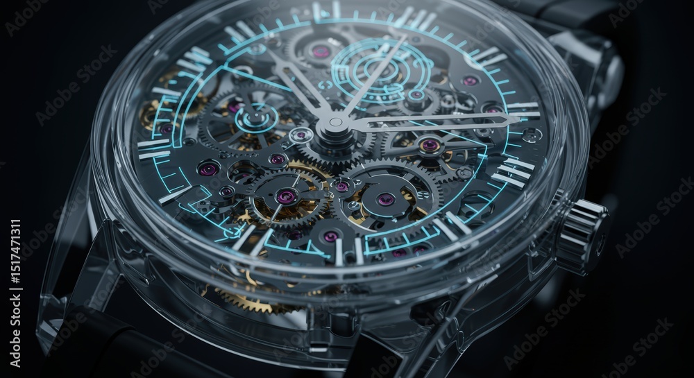 Obraz premium Close up view of a transparent skeleton watch with intricate mechanical gears visible through clear case. Time concept.