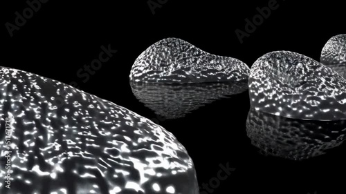 3D animated abstract liquid metal blobs morphing and floating in dark background