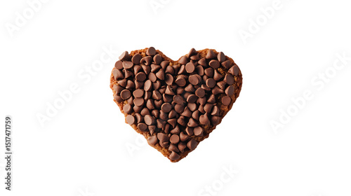 A heart shaped cookie covered in chocolate chips in a shot style isolated on transparent background