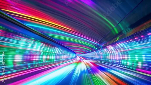 Abstract futuristic tunnel with glowing lights and seamless camera fly-through