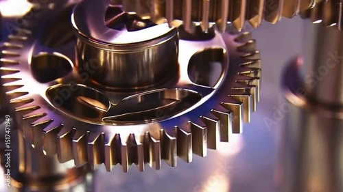Animated mechanical gears rotating with metallic texture and reflections