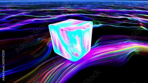 Futuristic glowing cube rotating in digital space, surrounded by abstract holographic waves
