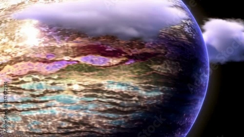 Rotating planet with stylized terrain and animated clouds in outer space