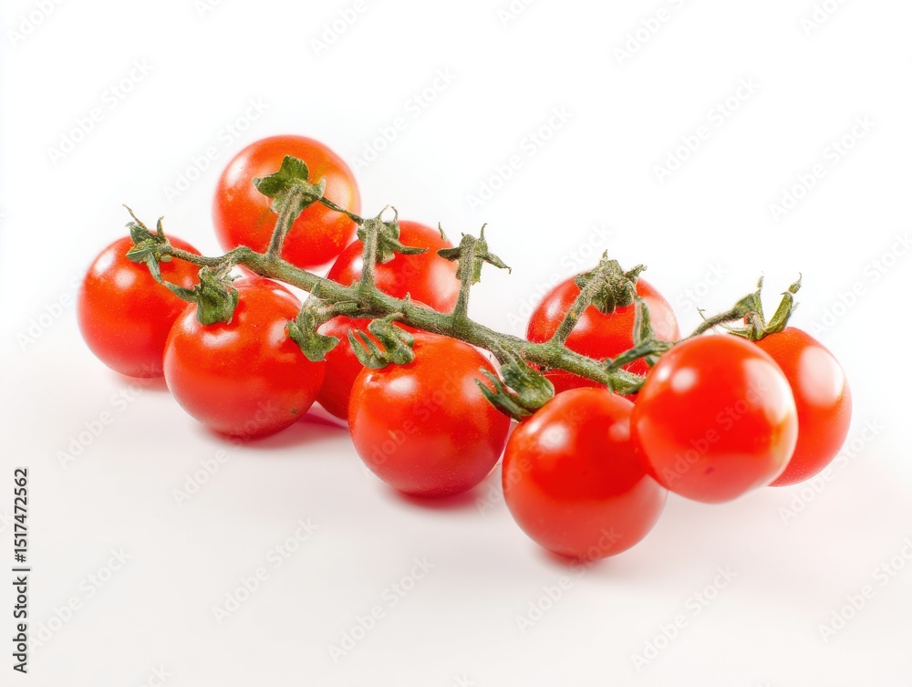 Bunch of red cherry tomatoes on vine isolated on white background Bunch of red cherry tomatoes on vine isolated on white background