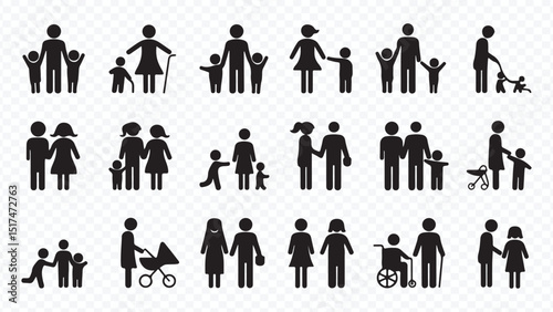 Black family icons set including parents children grandparents and caregivers