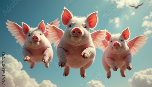 Three playful pigs flying in the sky among clouds