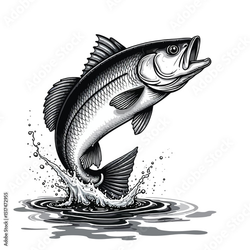 Striking black and white illustration of a fish leaping out of the water.