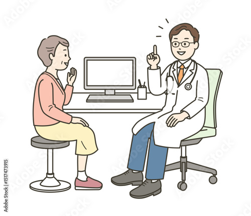 病院で診察を受ける高齢女性と話をする医師の全身イラスト