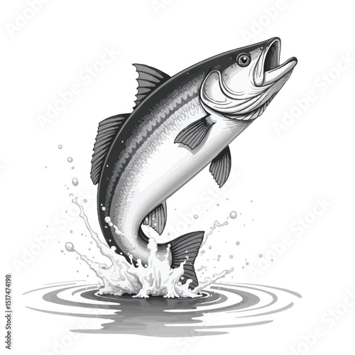 Leaping Fish with Water Splash: Monochrome Illustration of Wildlife in Aquatic Setting