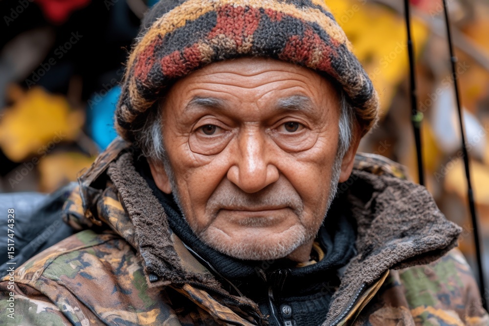 Fototapeta premium Elderly man wearing a colorful hat enjoys nature in autumn with vibrant leaves surrounding him