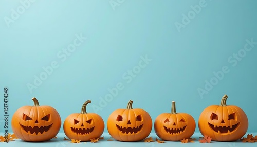 halloween pumpkin on blue background. Copy space