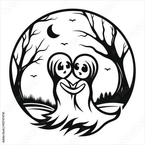 romantic ghost couple under moonlight  soft lines 